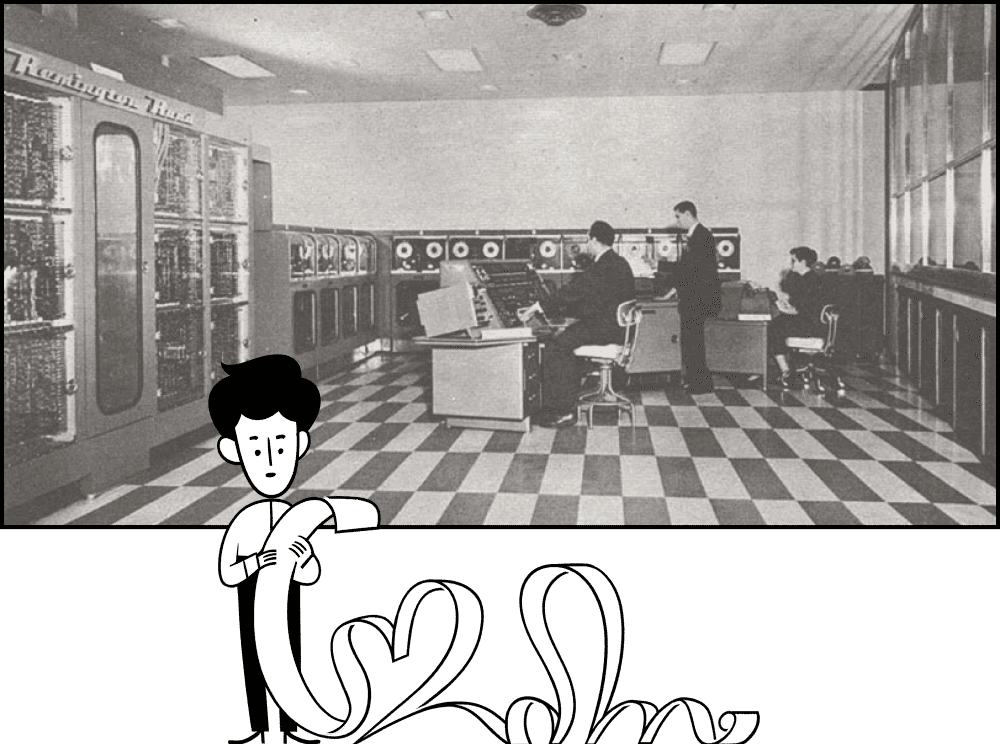 Una foto de gente trabajando en una computadora de gran tamaño a mediados del siglo XX