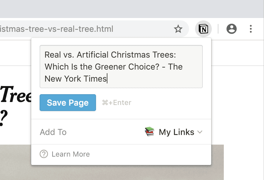 Una captura de pantalla de Web Clipper de Notion en un navegador mientras guarda una página