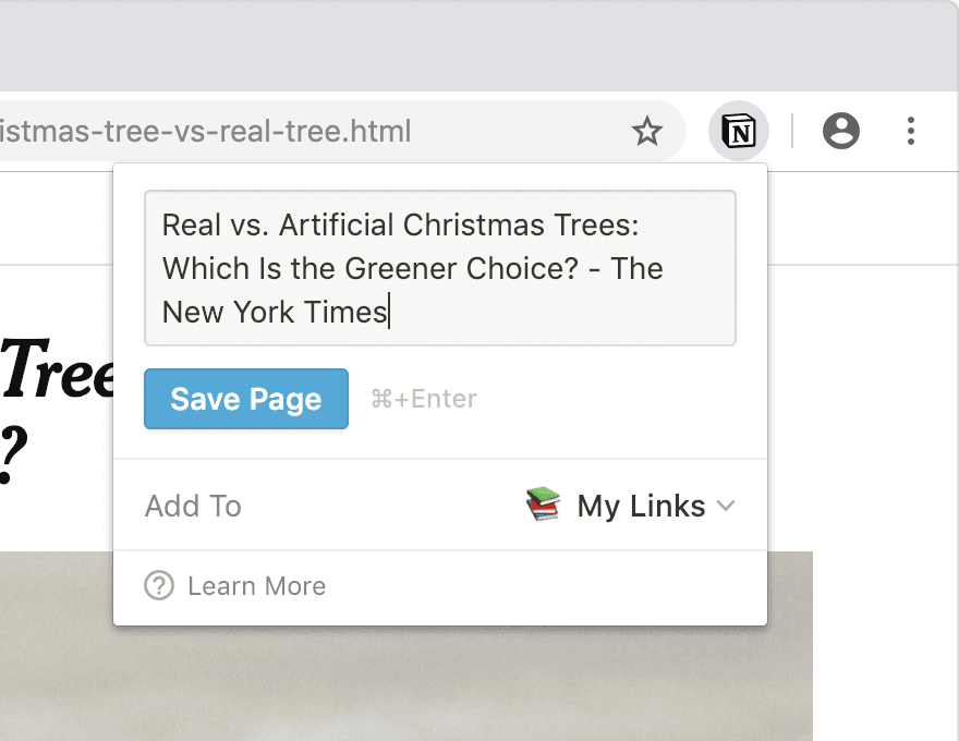 Una captura de pantalla de Web Clipper guardando una página en Notion