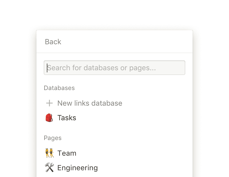 Una captura de pantalla de un menú emergente que muestra un campo de búsqueda en una base de datos de Notion