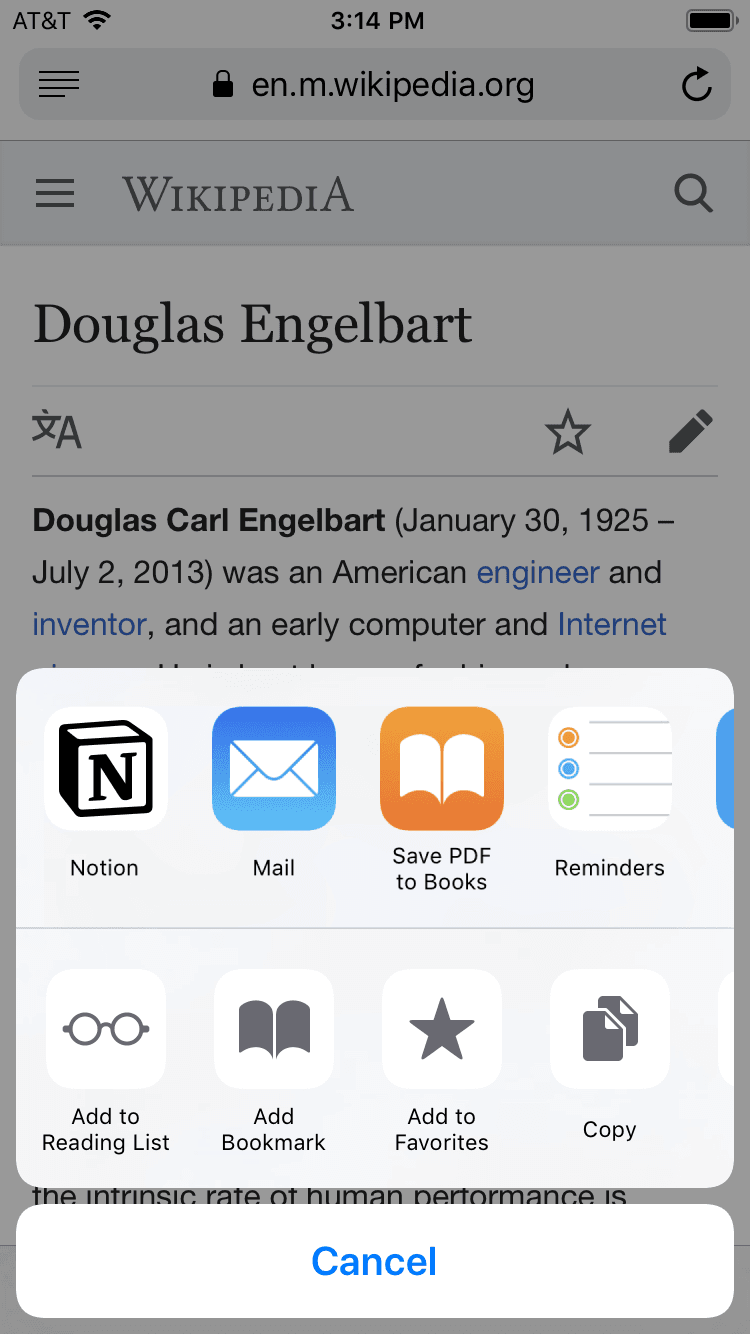 Una captura de pantalla de la ventana para compartir de iOS que muestra a Notion entre otras aplicaciones para guardar enlaces