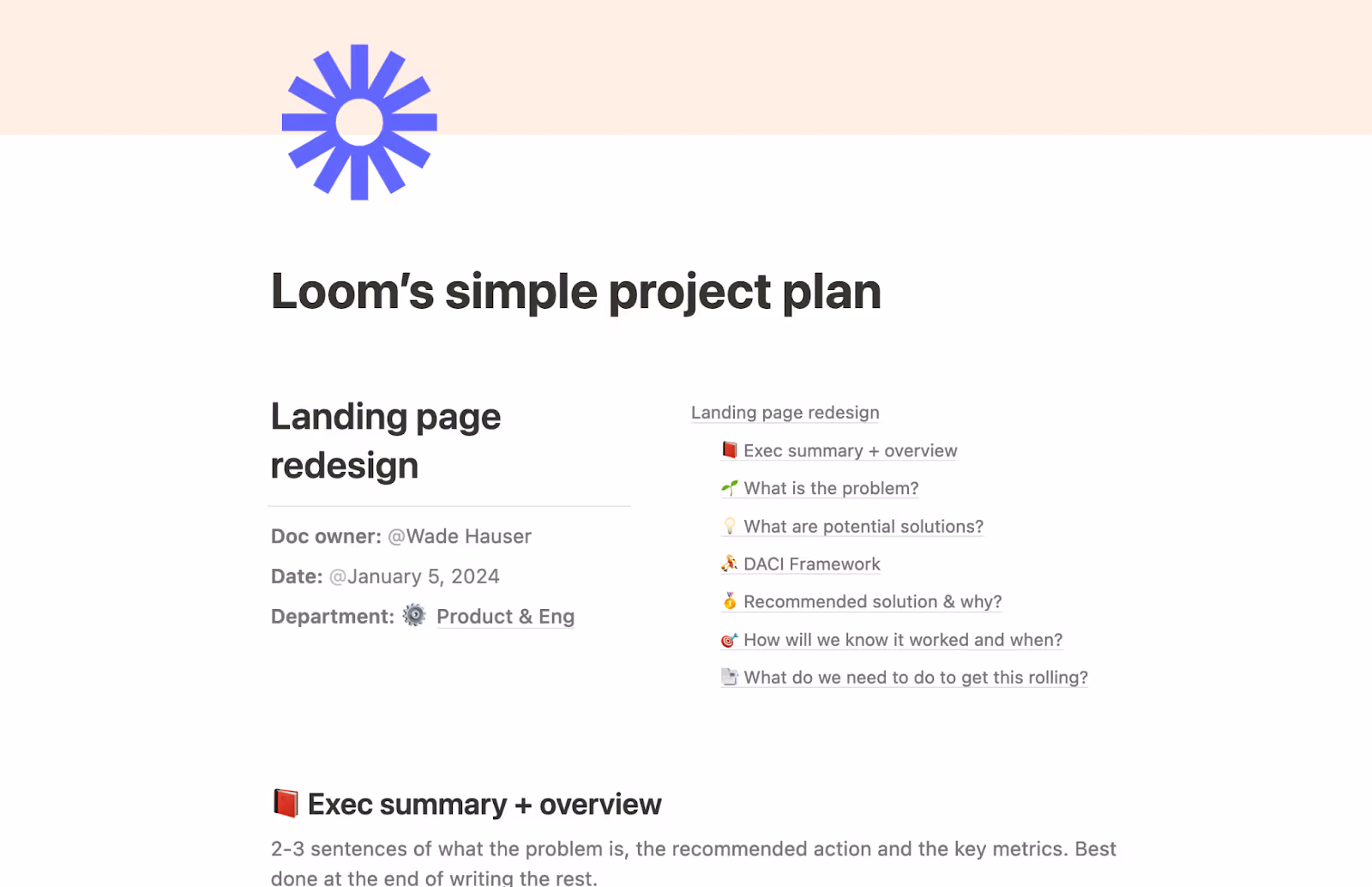 Loom's simple project plan template