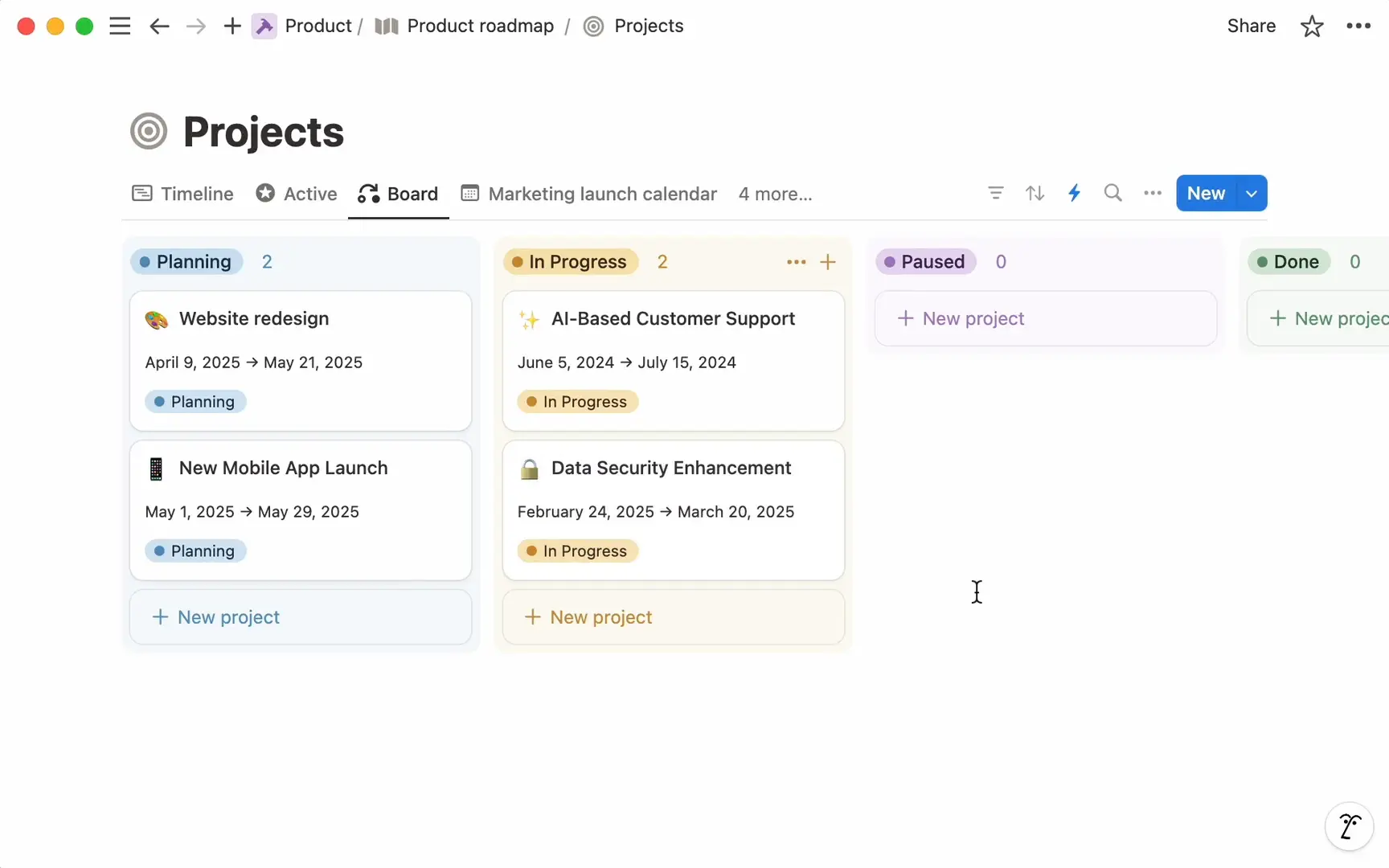 A Projects board in Notion that shows projects by status across teams
