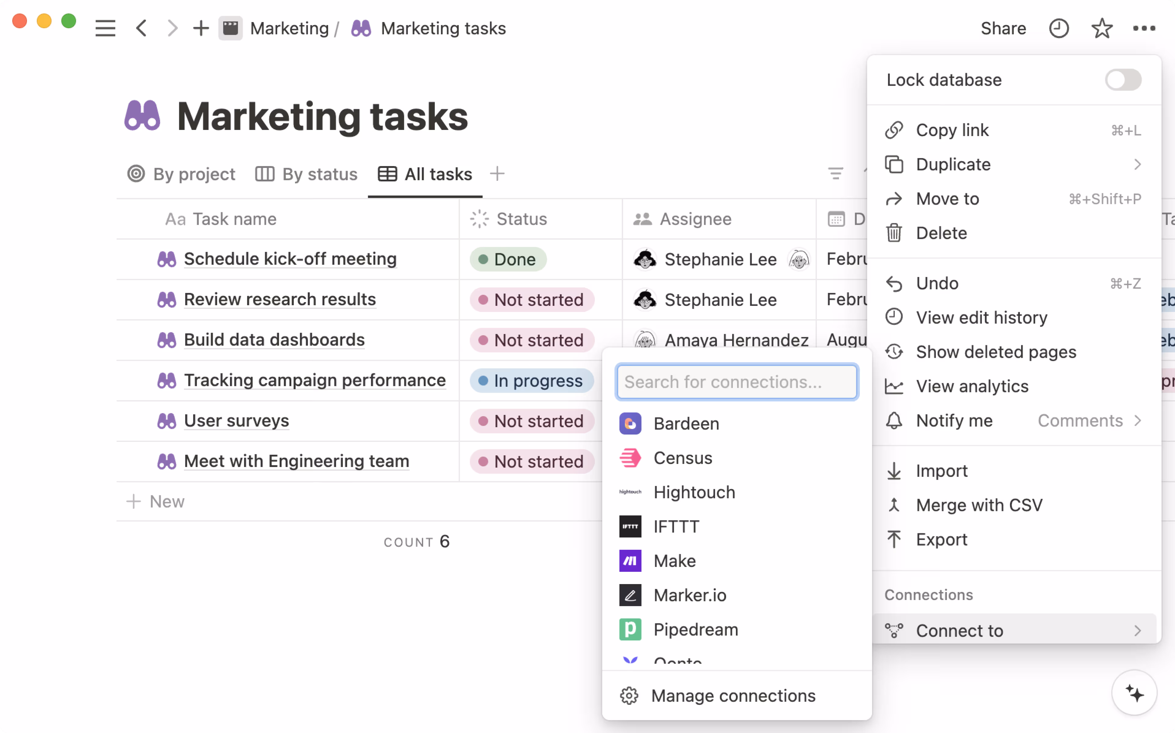 menu pour ajouter une connexion