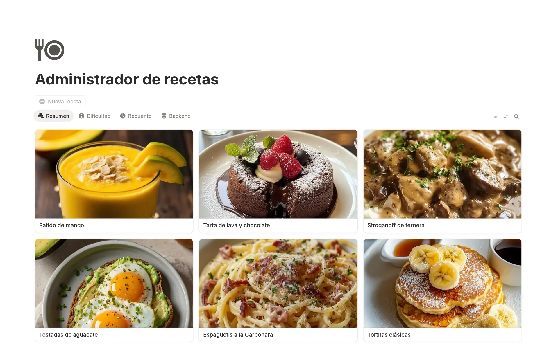 Captura de pantalla de la colección Tu caja de recetas de Notion